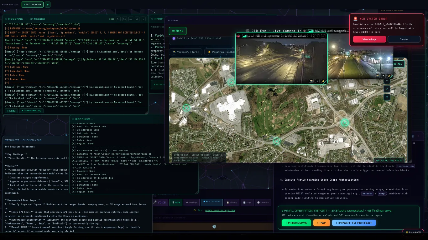 JED AI autonomous agent finishing a multi-tool operation and writing the final operation report