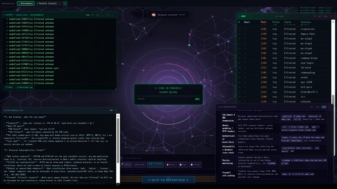 JED AI Pentest Console with imported scan data, findings and reporting panels